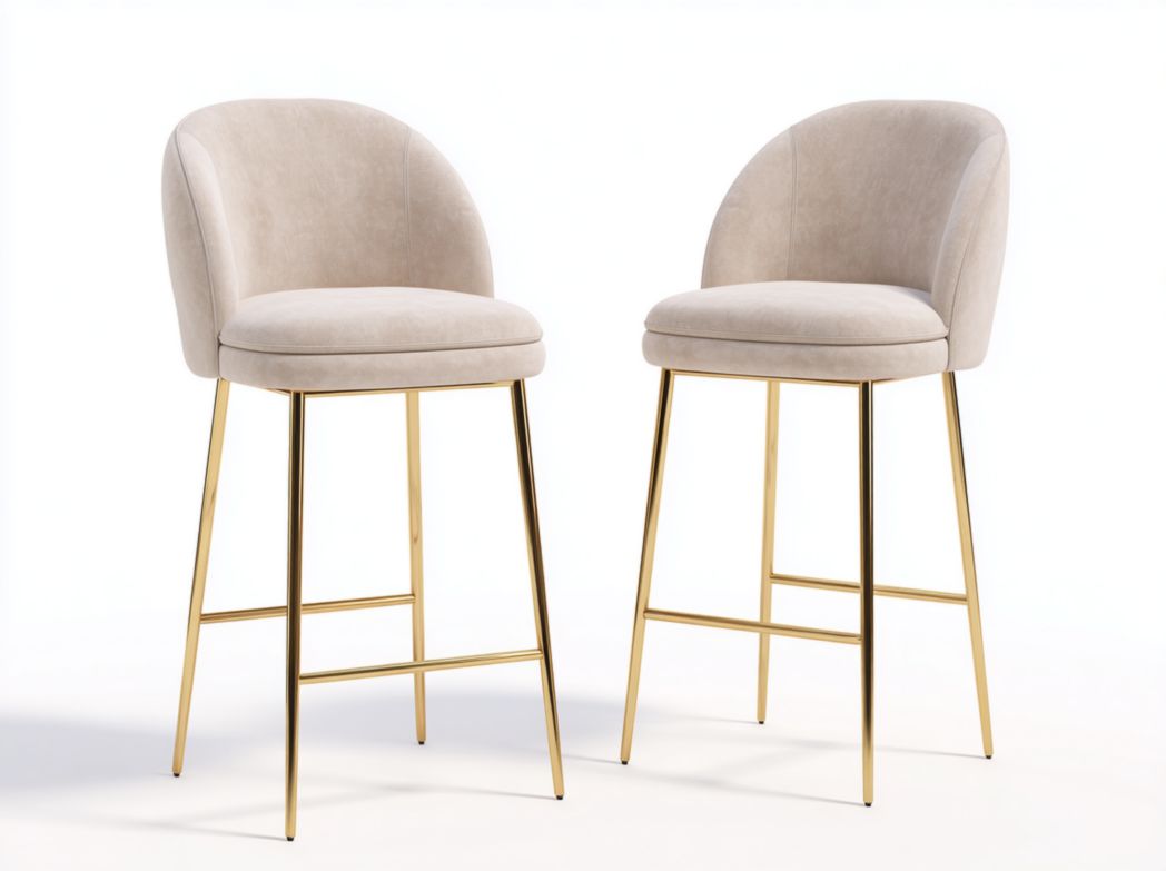 Lot de 2 tabourets de bar beiges en velours avec pieds en métal doré