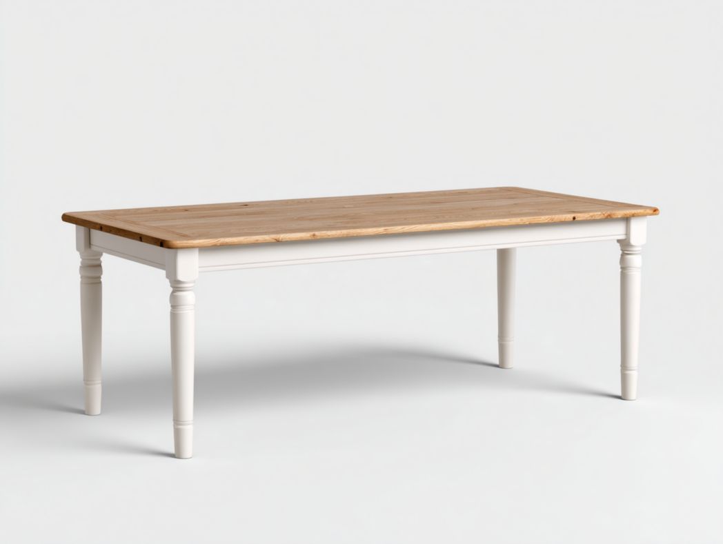 Table à manger rectangulaire plateau brun clair et pieds en bois blancs