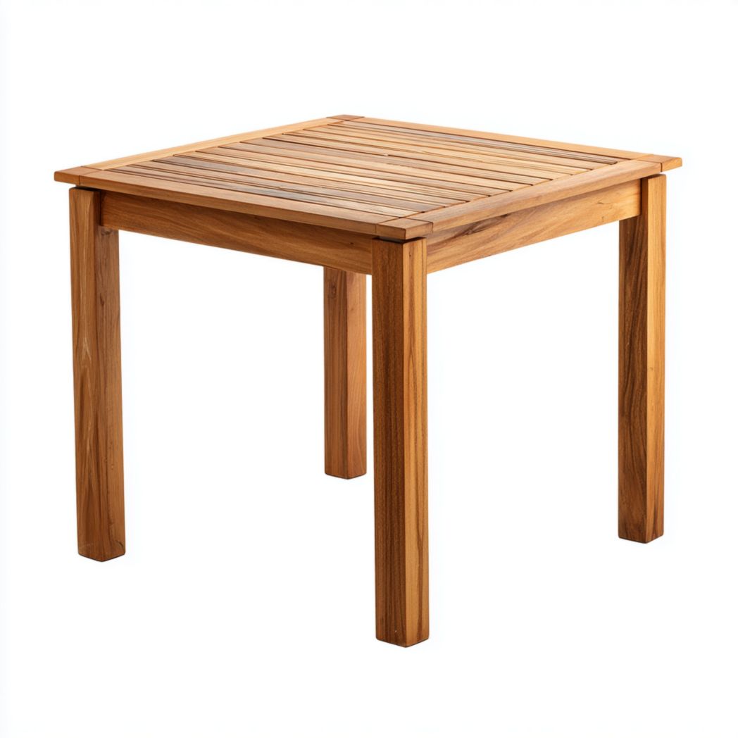 Table de jardin carrée marron à lattes en bois avec pieds épais