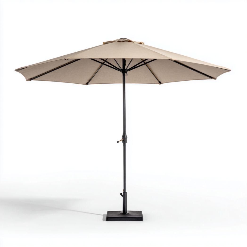 Parasol rond en polyester beige, mât et base métalliques noirs carrés