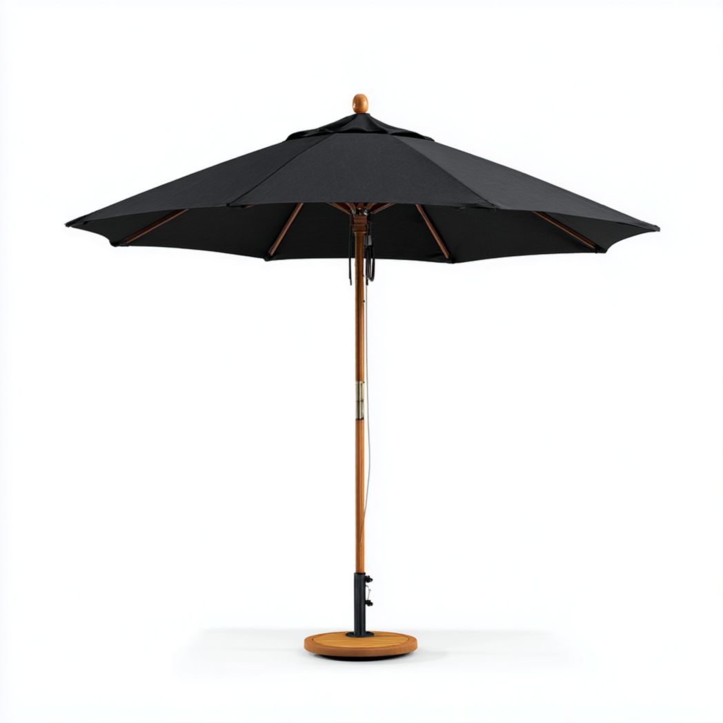 Parasol rond en polyester noir, mât et base en bois brun