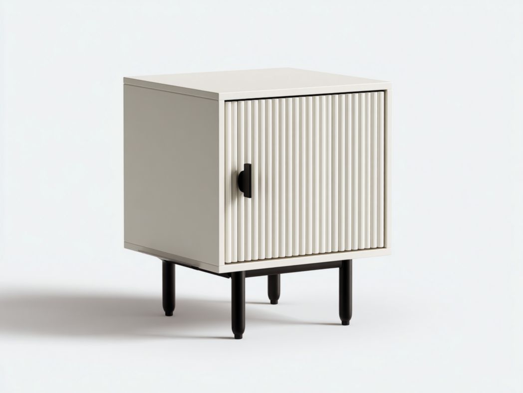 Table de chevet beige clair en MDF et métal avec pieds et poignées noires