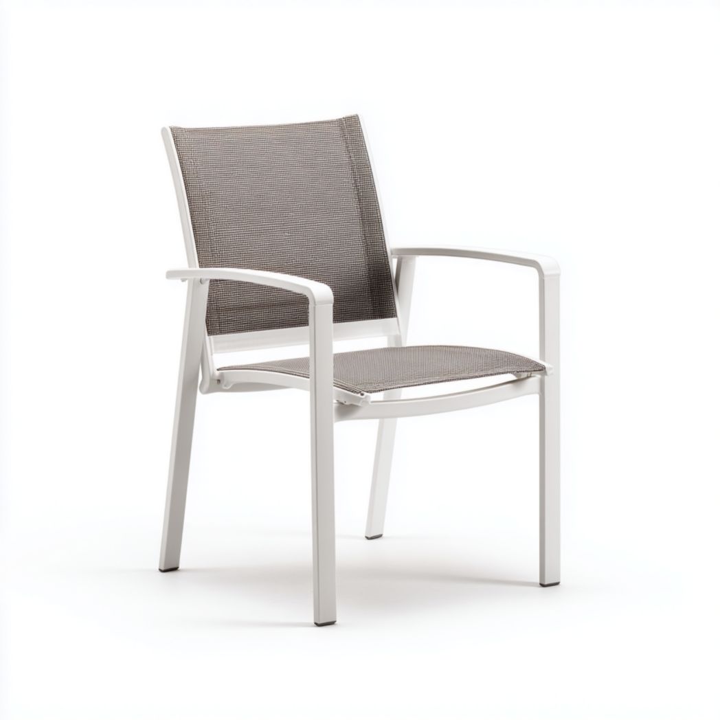 Chaise de jardin empilable en aluminium blanc avec toile grise et accoudoirs