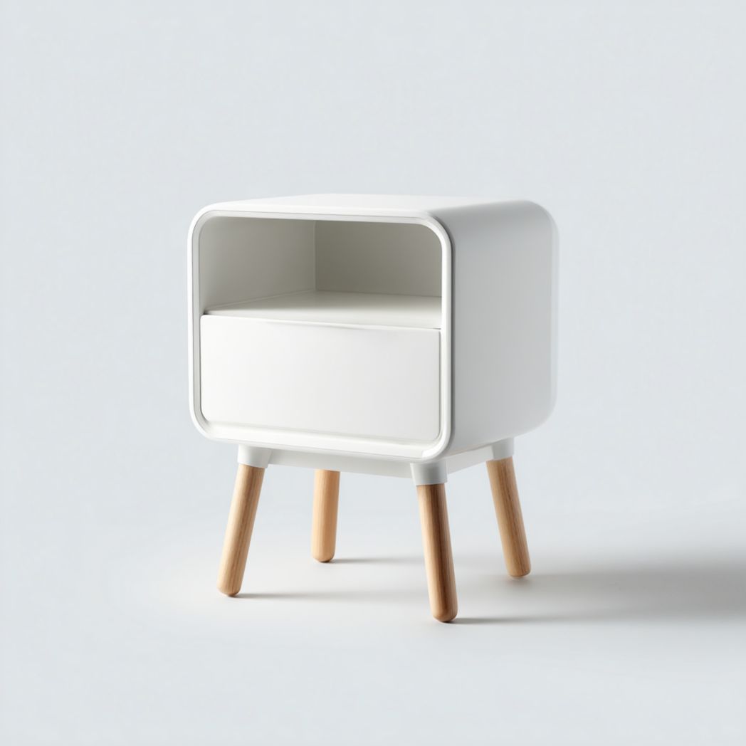 Table de chevet avec corps blanc et pieds en bois brun clair