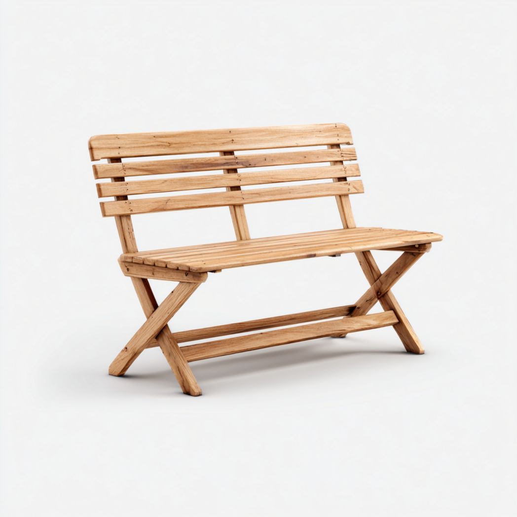 Banc de jardin en bois brun clair, dossier à lattes et piètement croisé