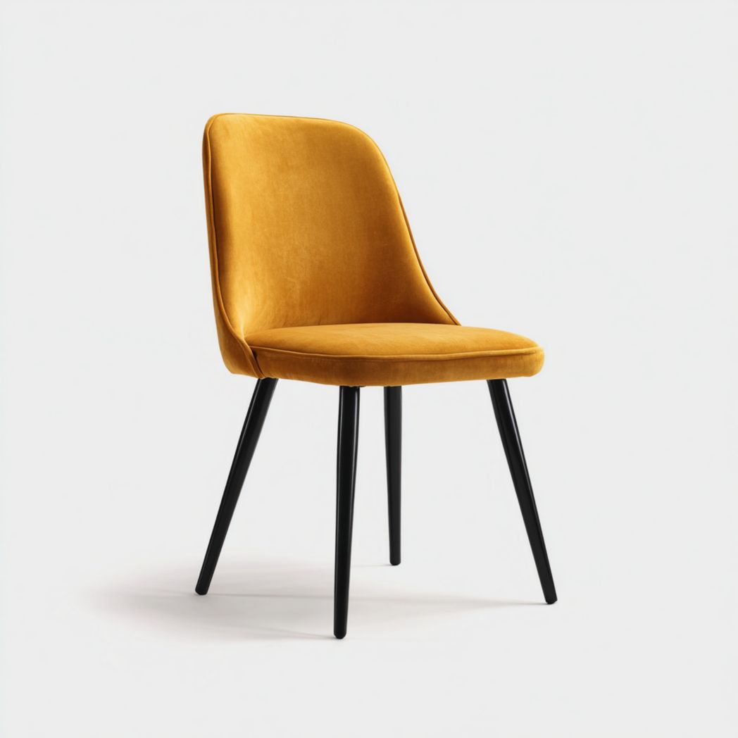 Chaise à manger en velours jaune avec pieds en métal noir
