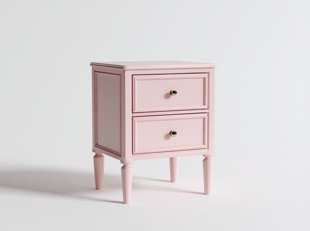 Table de chevet rose en MDF avec deux tiroirs et poignées dorées