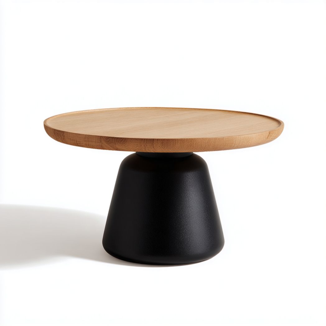 Table basse ronde plateau marron clair et base noire