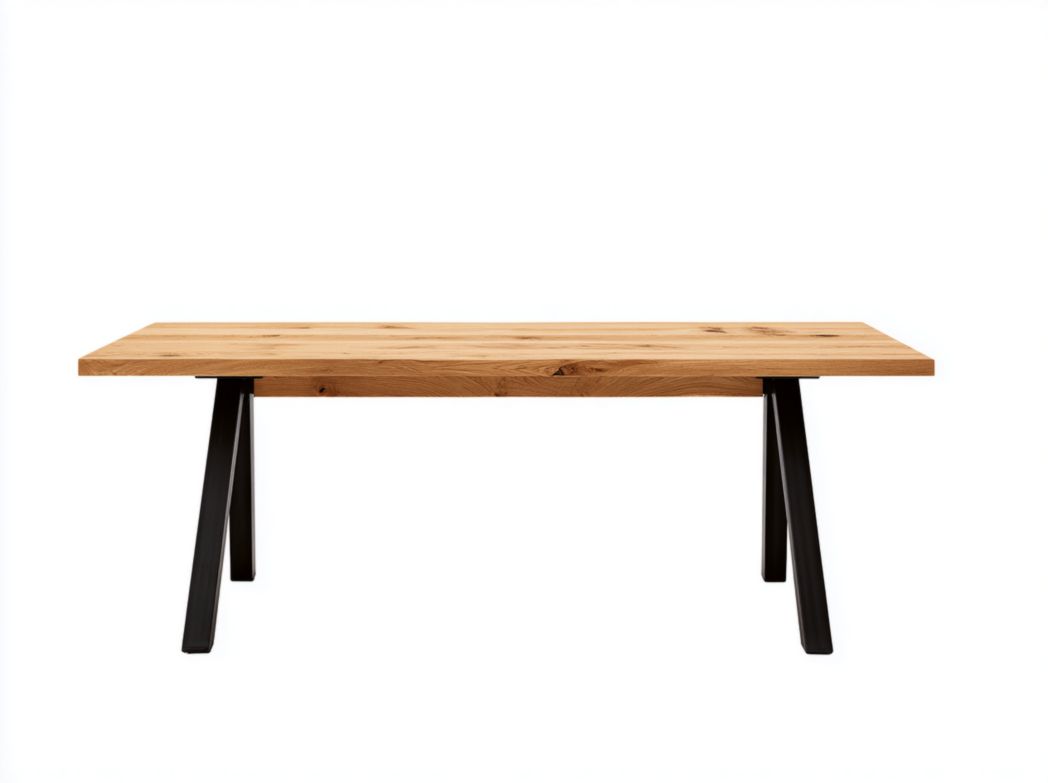 Table à manger rectangulaire plateau brun clair et pieds métalliques noirs inclinés