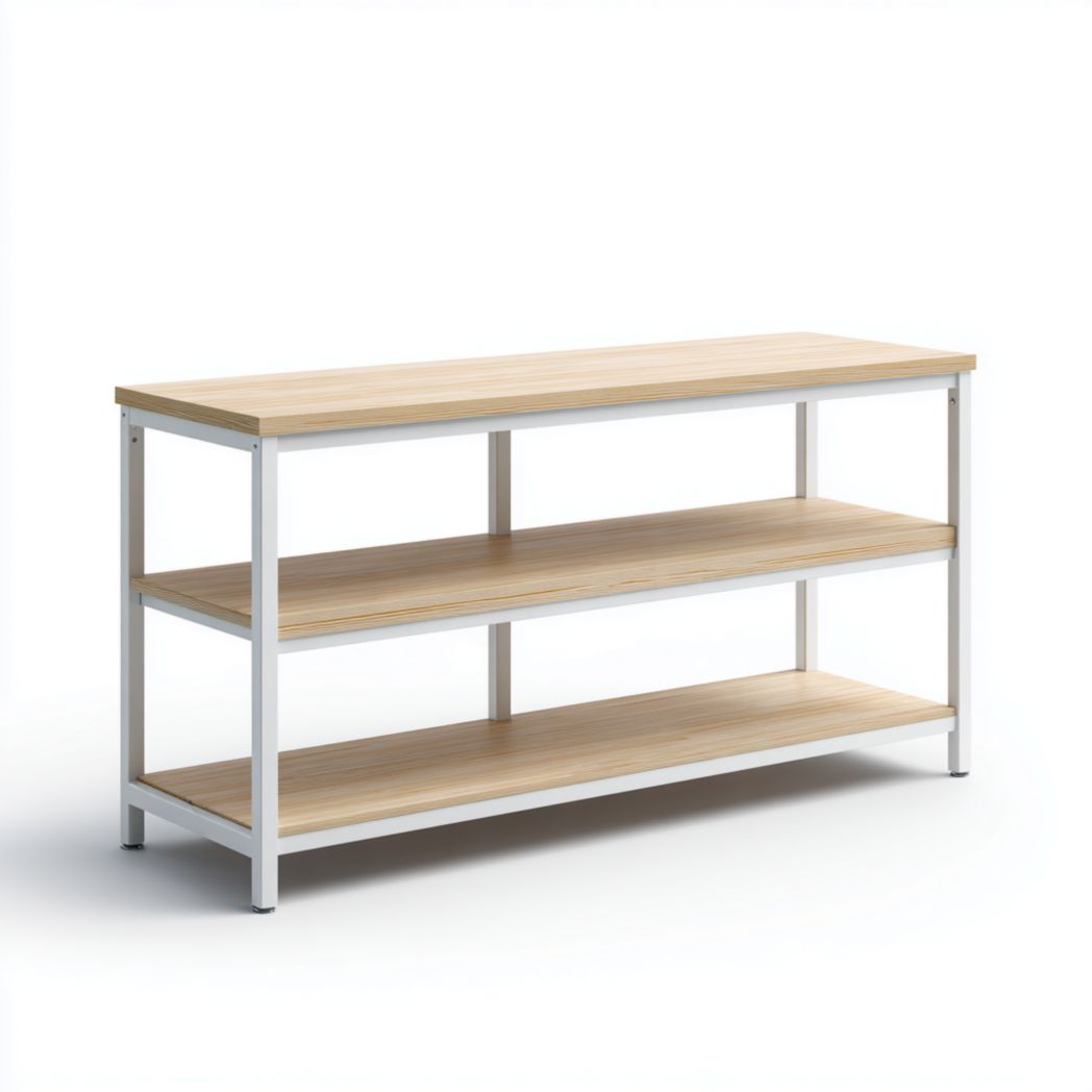 Console à trois niveaux avec plateaux en bois brun clair et structure en métal blanc