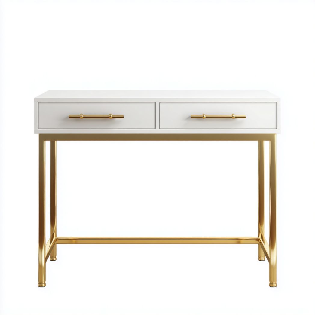 Console blanche avec deux tiroirs et structure métallique dorée