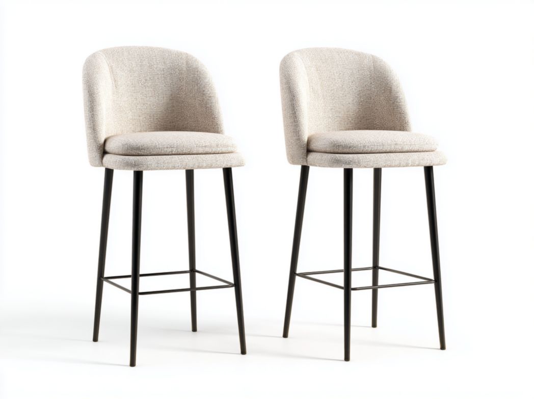 Lot de 2 tabourets de bar avec assise en tissu beige clair texturé et pieds en métal noir