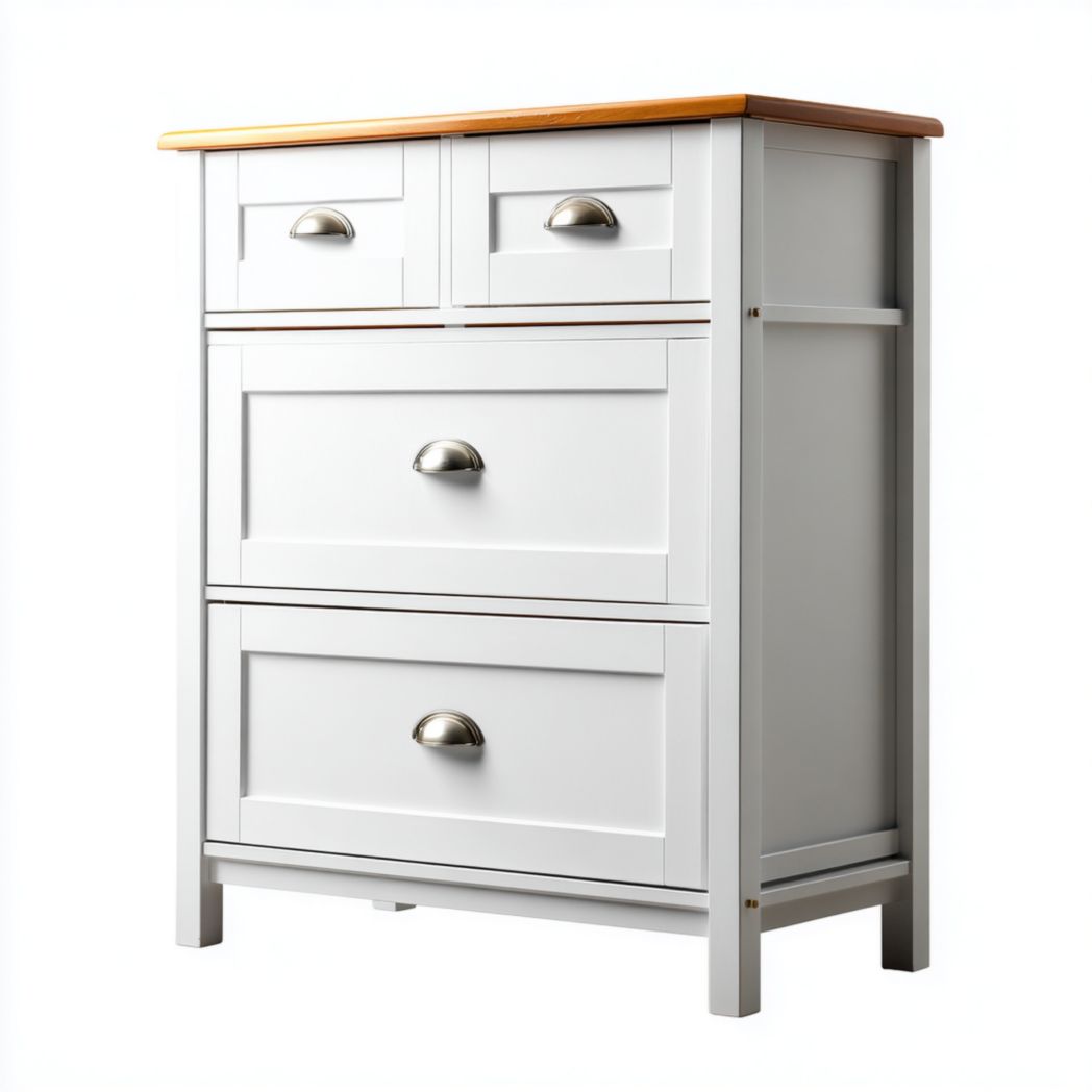 Meuble à chaussures 4 tiroirs blanc avec plateau brun clair et poignées argentées