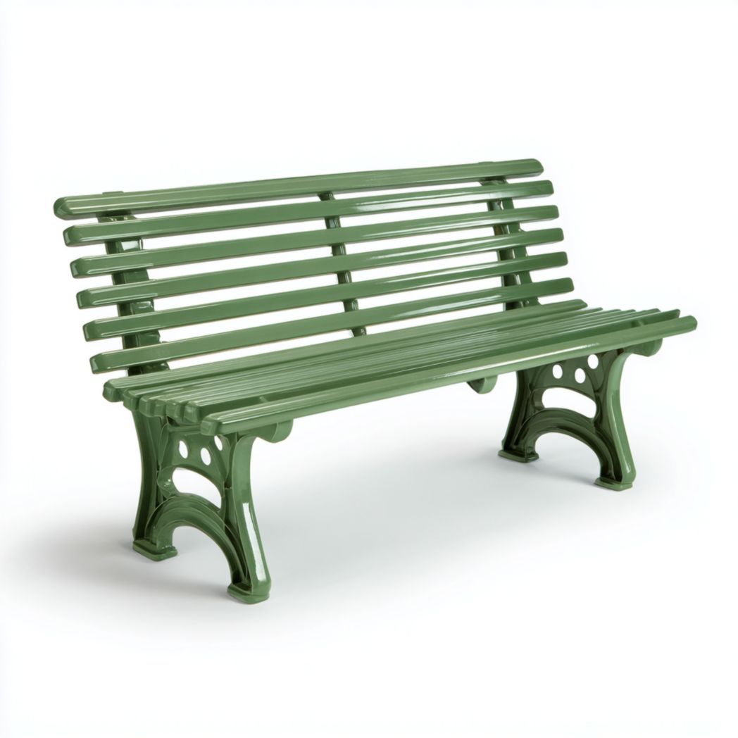 Banc de jardin en métal vert, assise et dossier à lattes