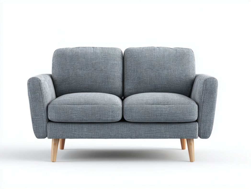 Canapé 2 places tissu polyester bleu gris avec pieds brun clair