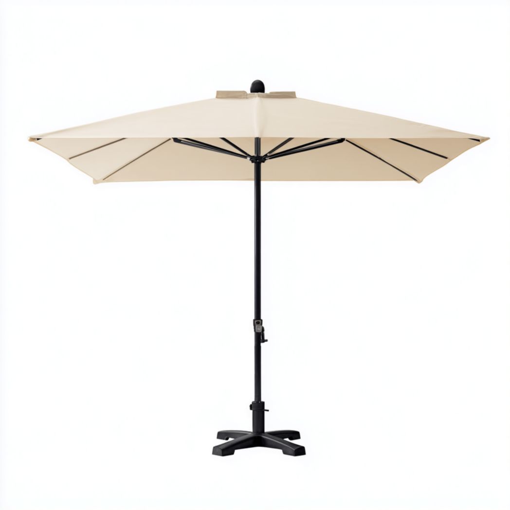 Parasol rond en polyester beige clair, mât et base en métal noir en croix