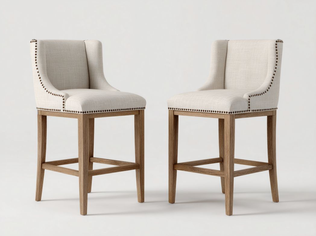 Lot de 2 tabourets de bar avec assise en tissu beige clair et pieds en bois brun