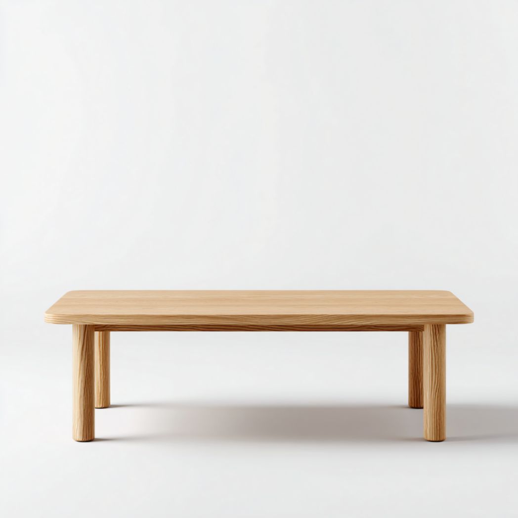 Table basse rectangulaire marron clair avec coins arrondis et pieds cylindriques