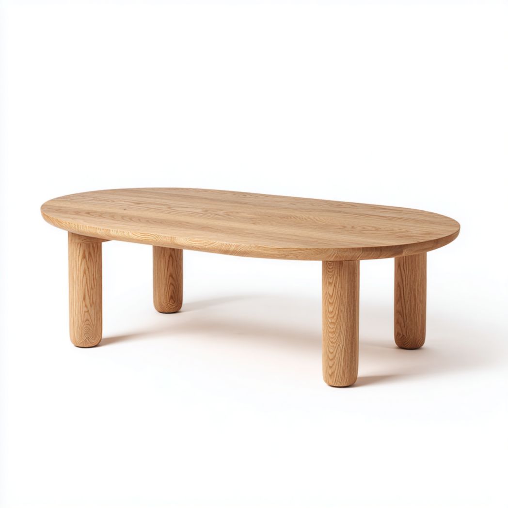 Table basse ovale en bois marron clair avec pieds cylindriques