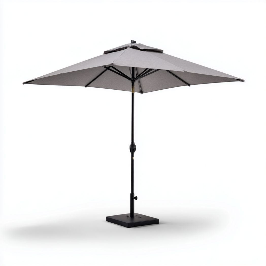 Parasol carré en polyester gris, mât et base métalliques noirs