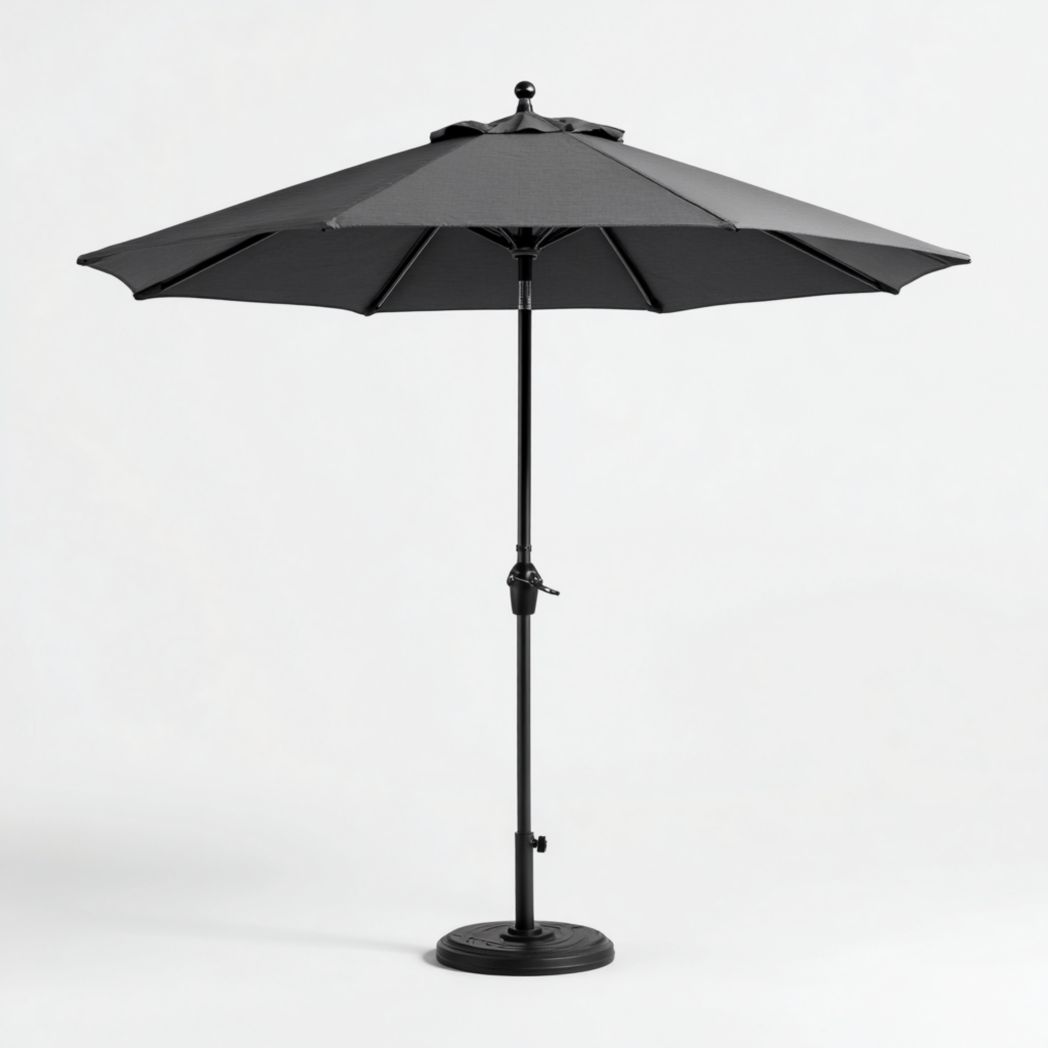 Parasol rond en polyester noir, mât et base métalliques noirs
