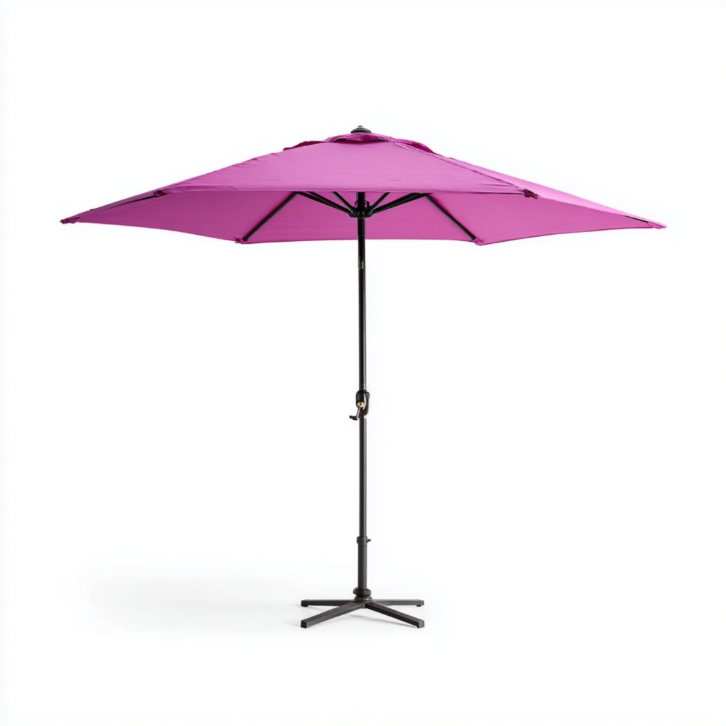 Parasol rond avec toile en polyester violet, mât en métal noir et base croisée noire
