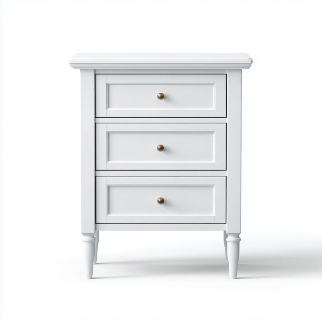 Table de chevet blanche en MDF avec trois tiroirs et poignées dorées