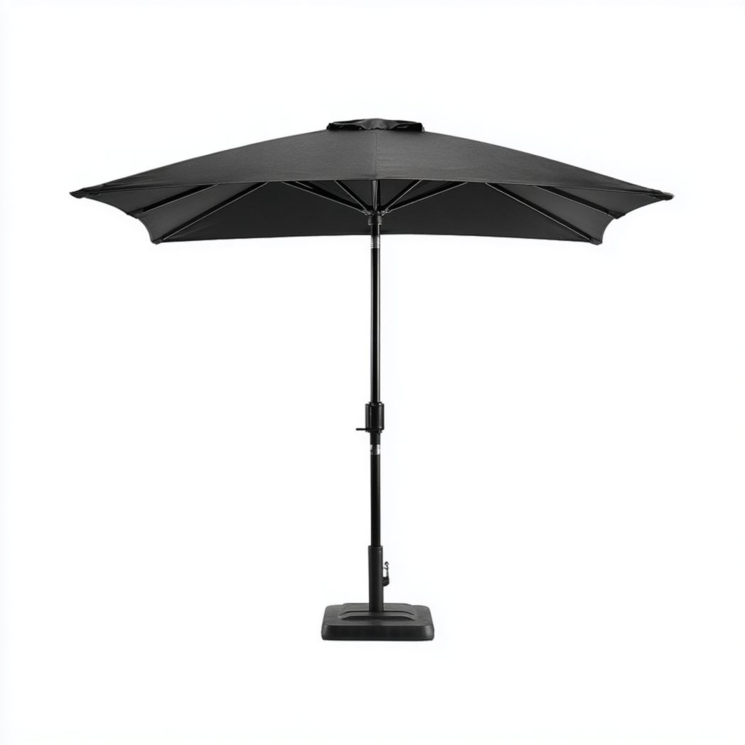 Parasol rond en polyester noir, mât et base métalliques noirs carrés