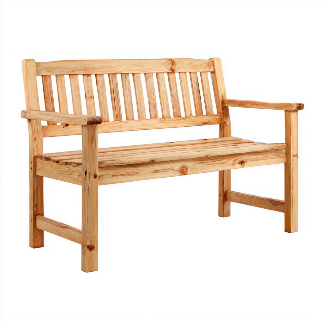 Banc de jardin en bois brun clair avec dossier à lattes verticales et accoudoirs droits