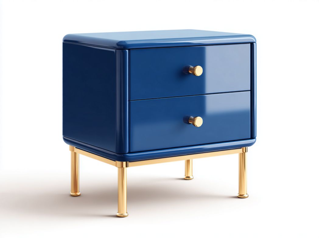 Table de chevet bleu foncé en MDF avec pieds et poignées en métal doré