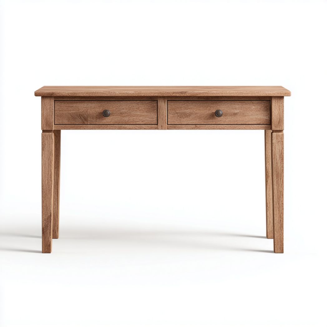 Console en bois brun clair avec deux tiroirs et poignées métalliques noires