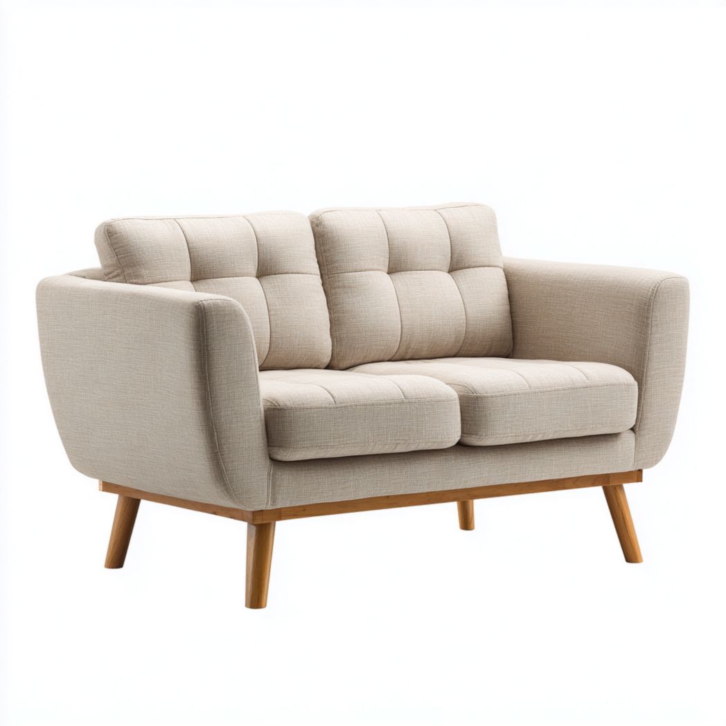 Canapé 2 places tissu polyester beige clair avec pieds brun clair