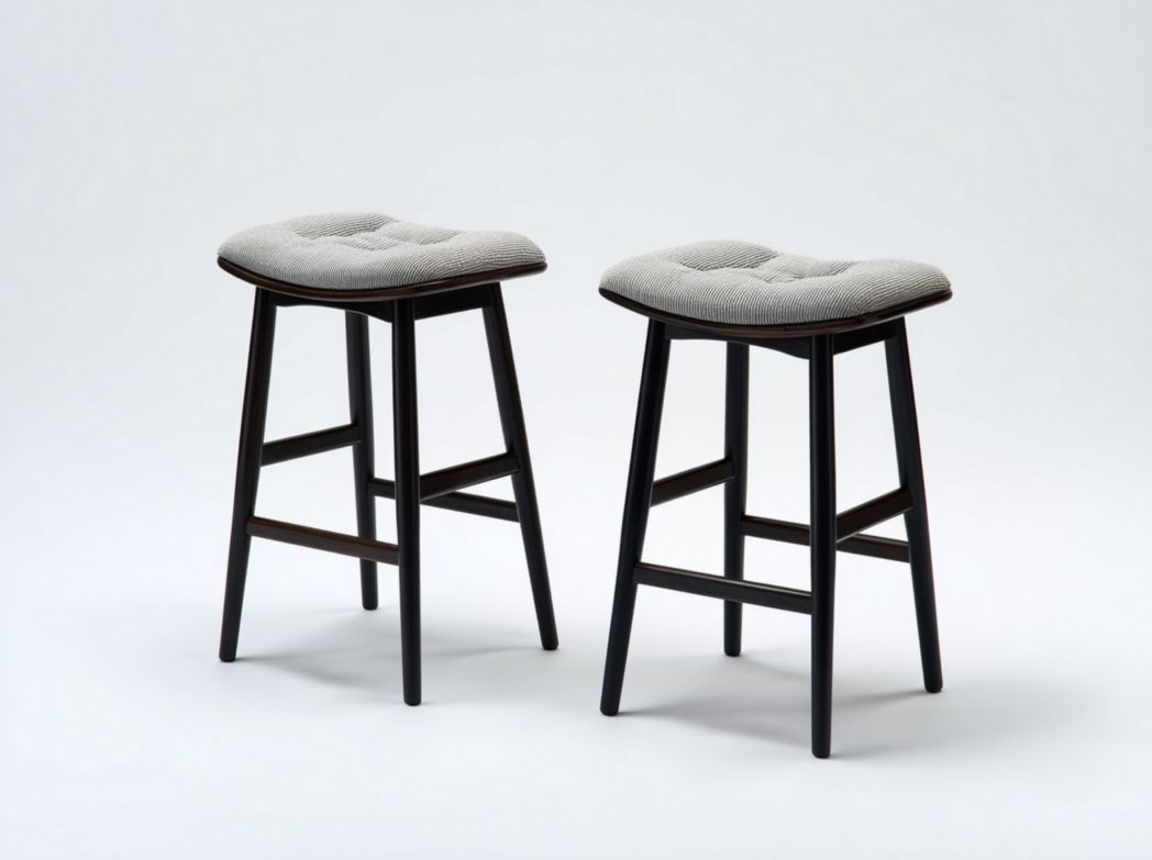 Lot de 2 tabourets de bar avec assise en velours côtelé gris et pieds en bois massif brun foncé