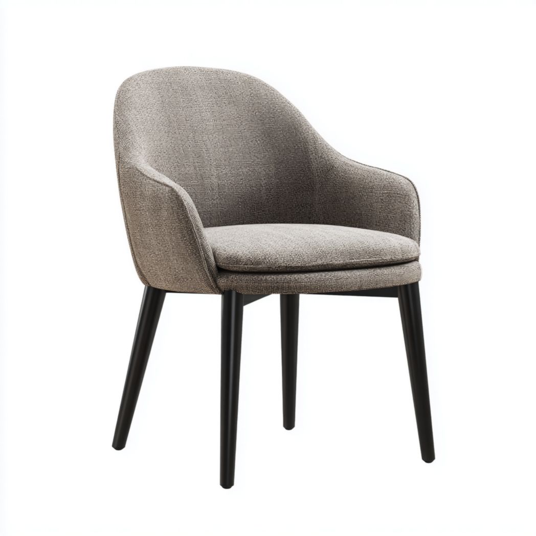 Chaise à manger en tissu texturé gris avec accoudoirs et pieds noirs