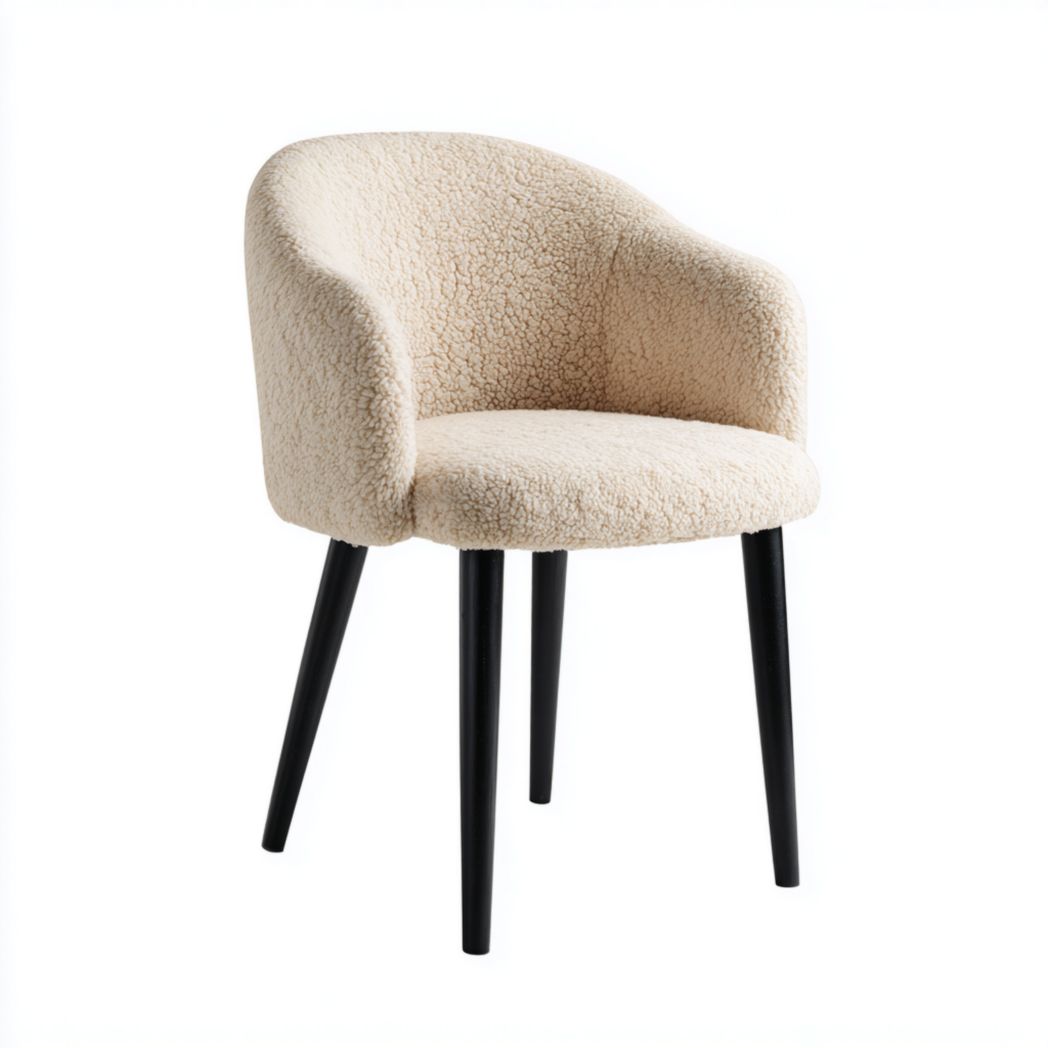 Chaise à manger en tissu bouclette beige avec accoudoirs et pieds noirs