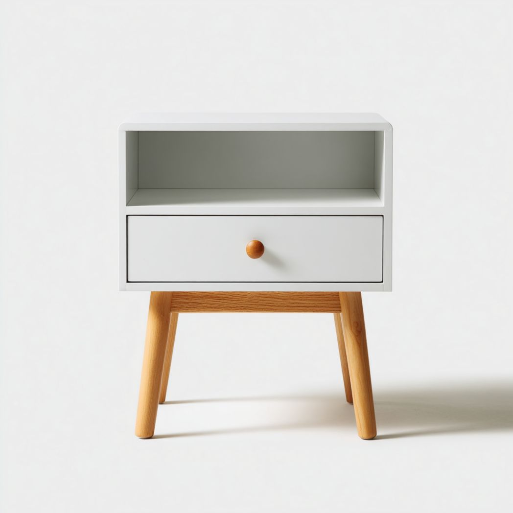 Table de chevet blanche avec tiroir et pieds en bois brun clair