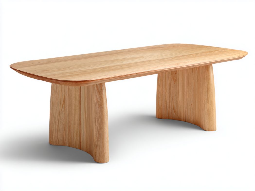 Table à manger rectangulaire plateau brun clair en bois avec pieds arqués