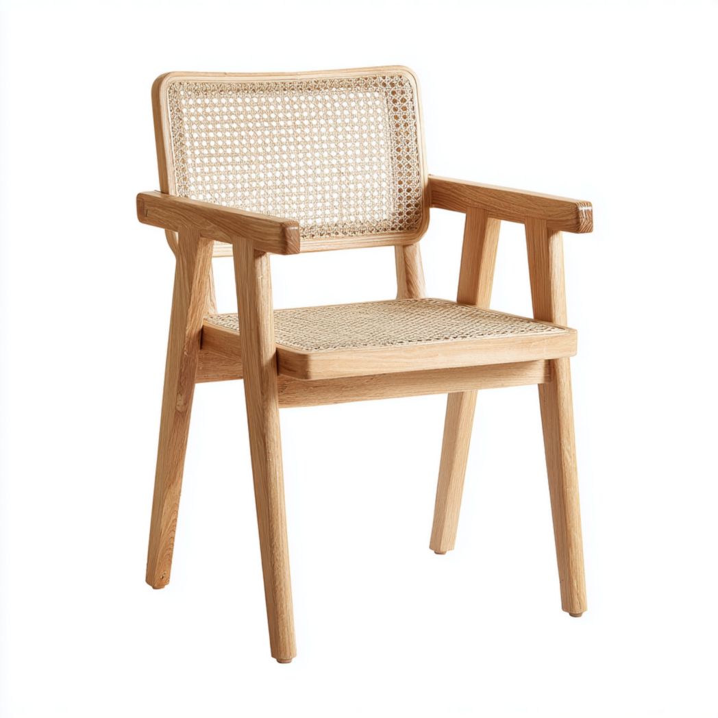 Chaise à manger en rotin avec structure brun clair et assise beige, accoudoirs inclus