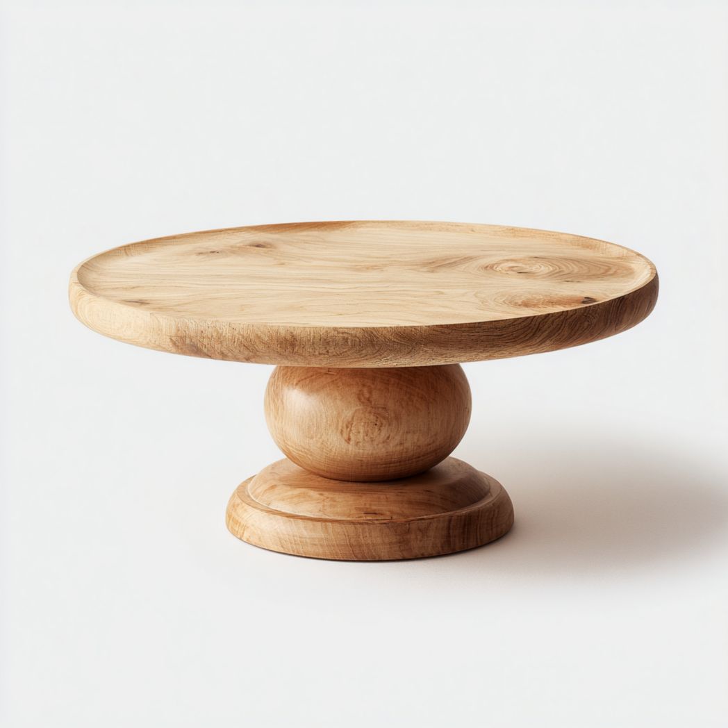 Table basse ronde en bois marron clair avec base sphérique