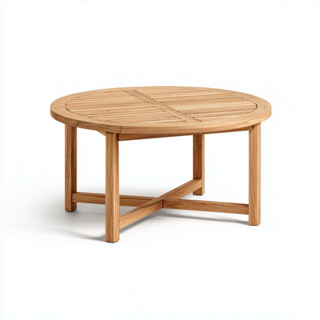 Table de jardin ronde en bois brun clair, plateau à lattes et structure croisée