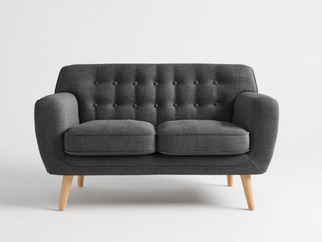 Canapé 2 places tissu polyester gris foncé avec pieds brun clair