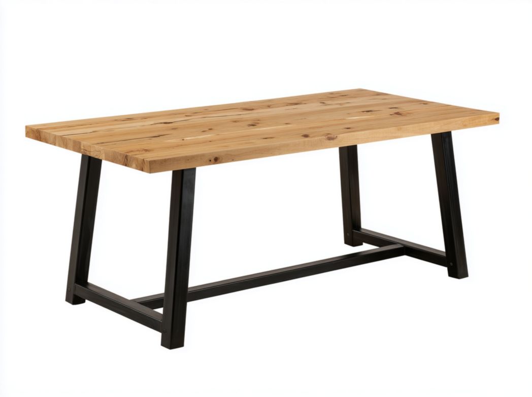 Table à manger rectangulaire plateau brun clair et cadre métallique noir à pieds inclinés