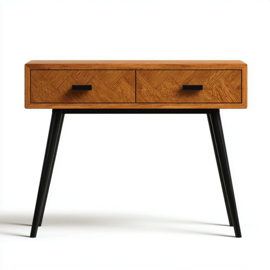Console en bois brun avec deux tiroirs et pieds métalliques noirs inclinés