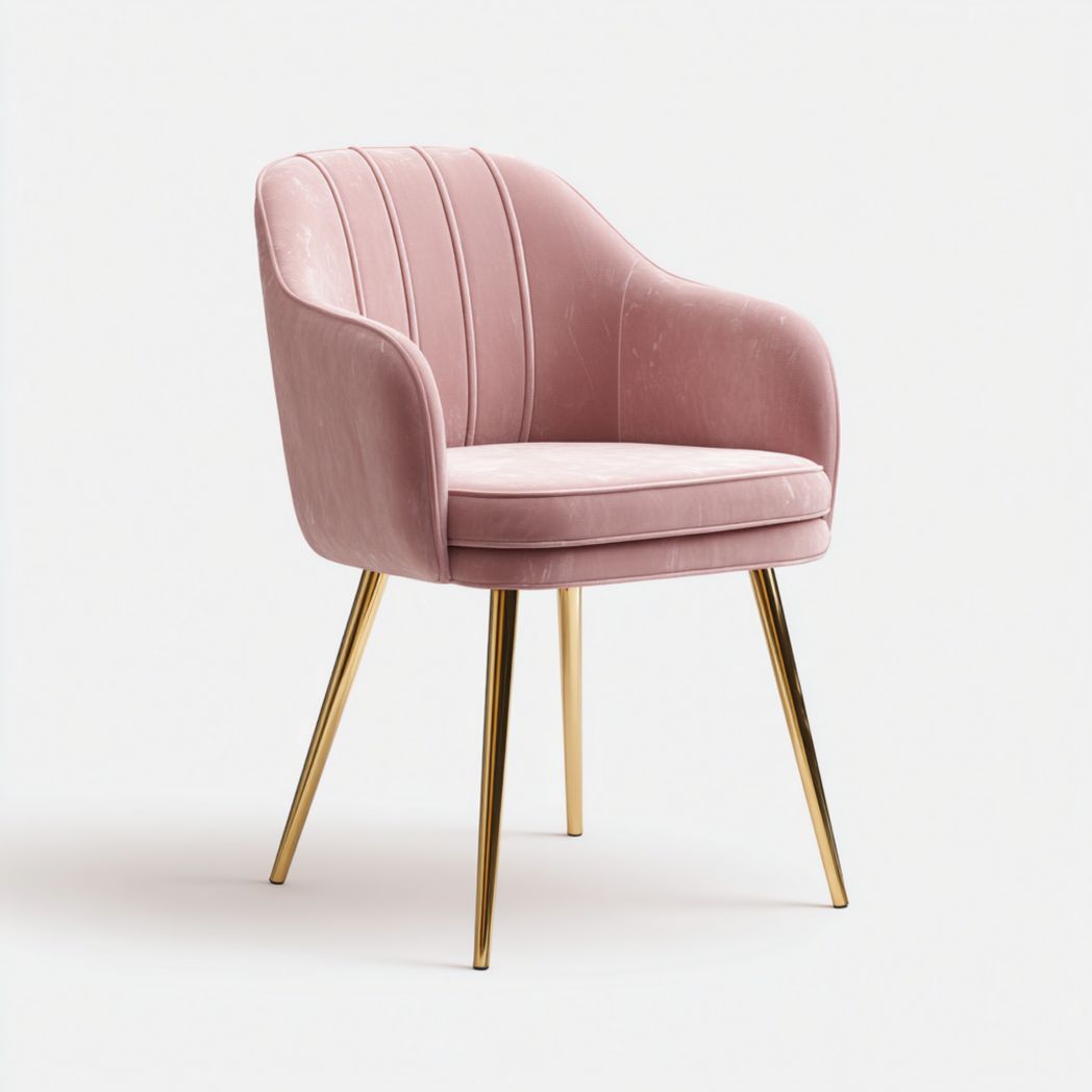 Chaise à manger en velours rose avec accoudoirs et pieds dorés