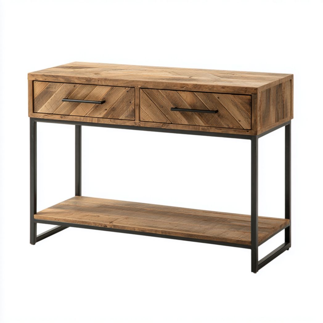 Console en bois brun avec structure en métal noir et deux tiroirs