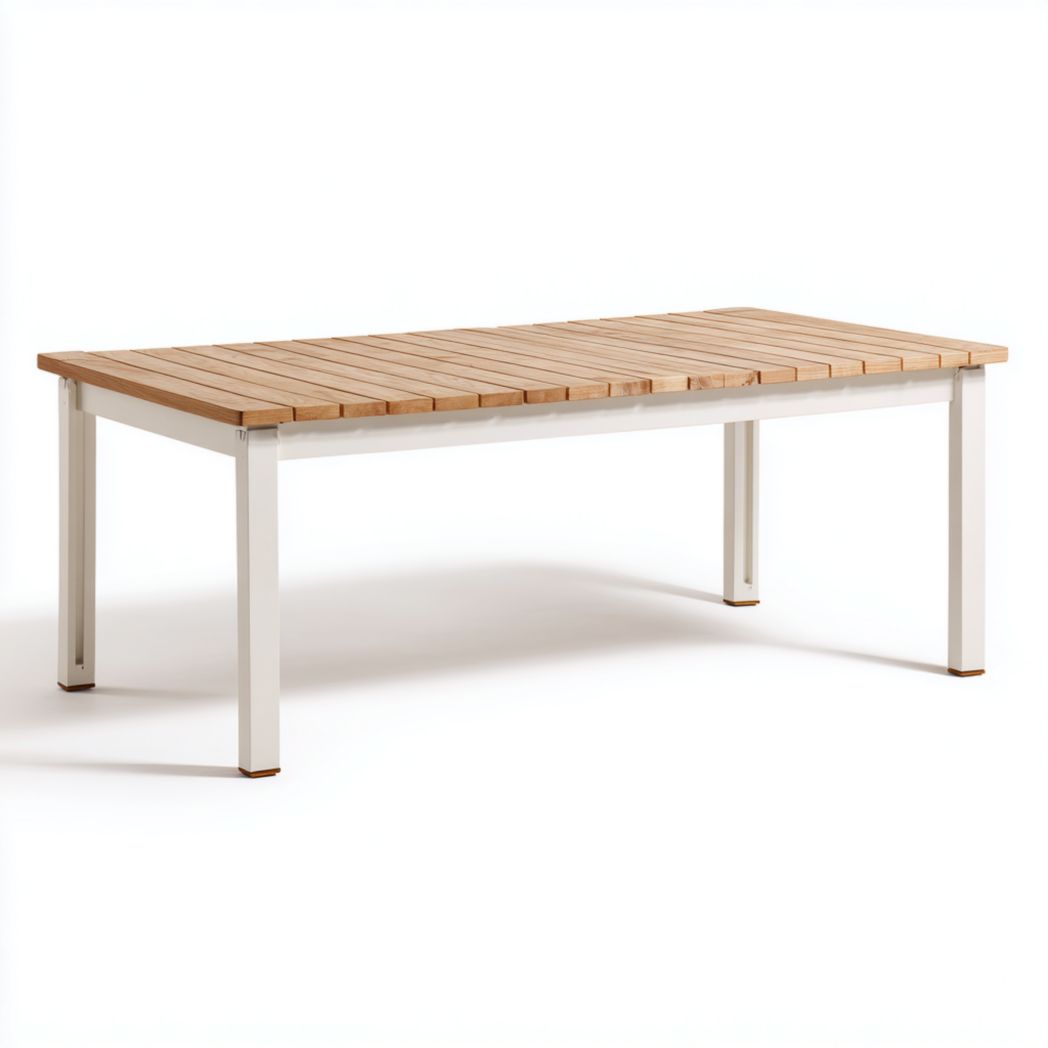 Table de jardin rectangulaire en bois brun clair avec structure en métal blanc