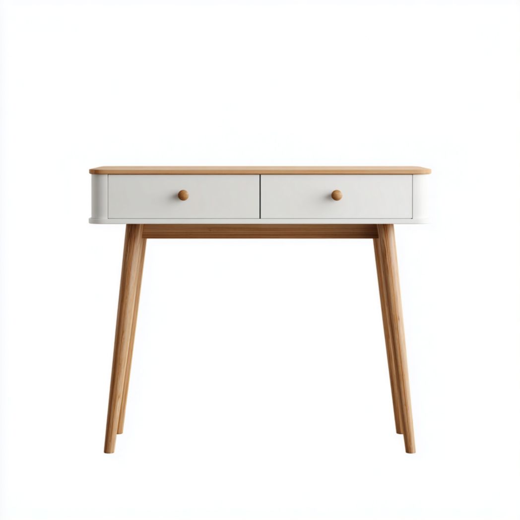 Console en bois blanc et brun clair avec deux tiroirs