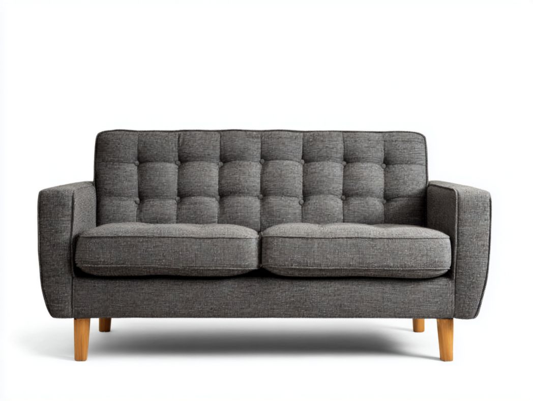 Canapé 2 places tissu polyester gris foncé avec pieds en bois brun clair,dossier matelassé à carreaux