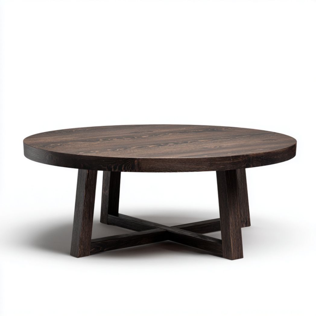 Table basse ronde brun noir avec base croisée