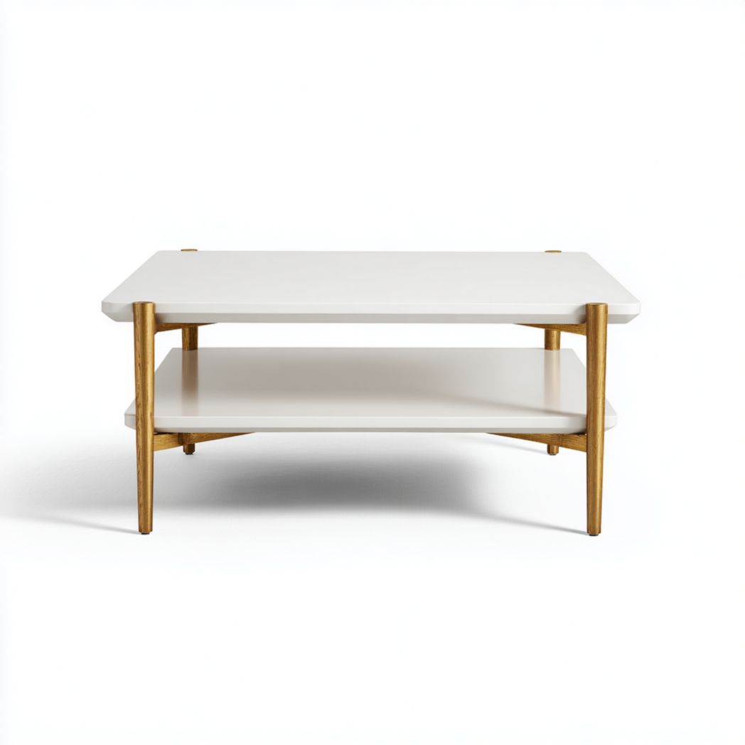Table basse rectangulaire à deux niveaux plateau blanc et structure dorée